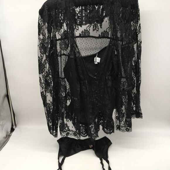 Vintage Black Lace Lingerie Camisole Garter Belt Robe 3 Piece Set Sz Medium Hot - Picture 1 of 12